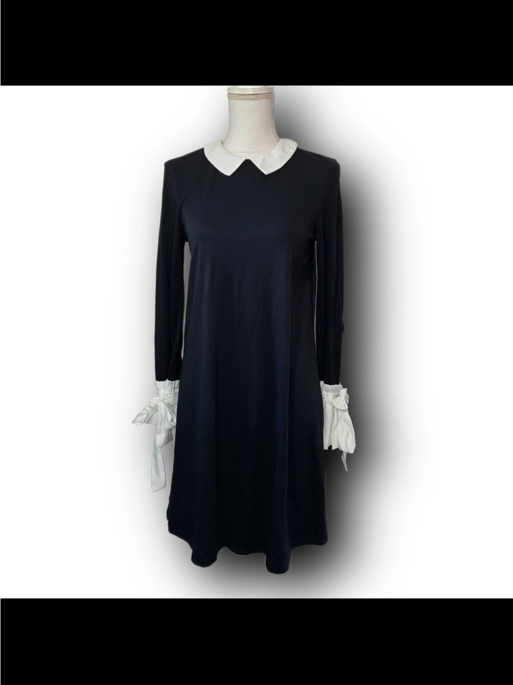 Sugarlips Black Long-Sleeve Dress with White Peter Pan Collar and Cuff Ruffles